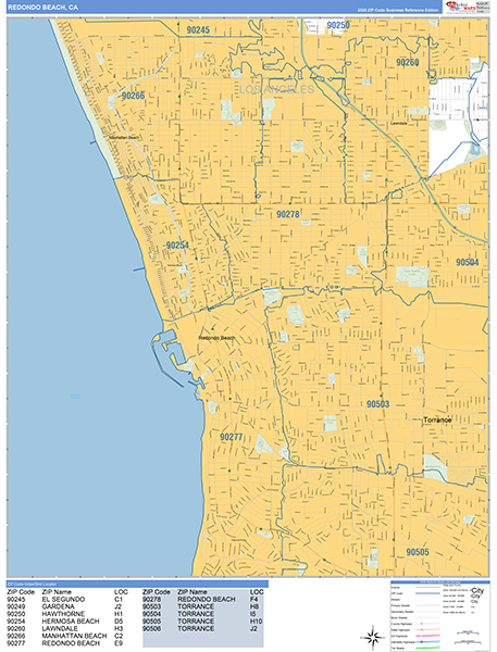 Redondo Beach Zip Code Wall Map